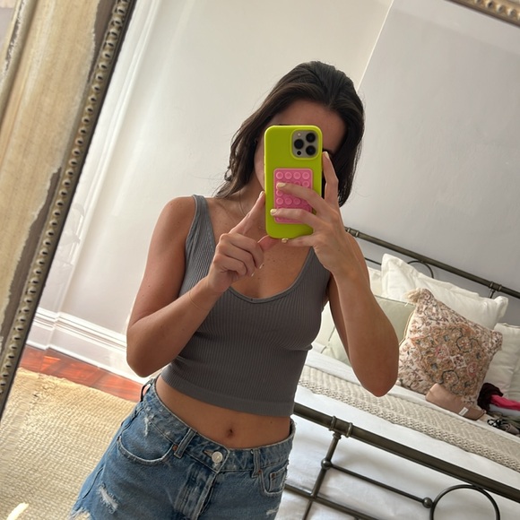 Free People Grey Blue Vneck Cropped Ribbed Tank Top - Picture 2 of 3